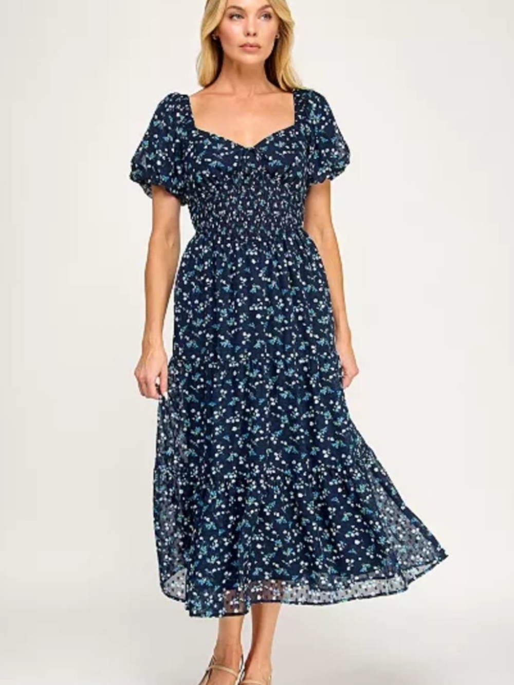🌼B2G1🌼 Trixxi Navy Floral Smocked Maxi Dress with Puff Sleeves NWOT
